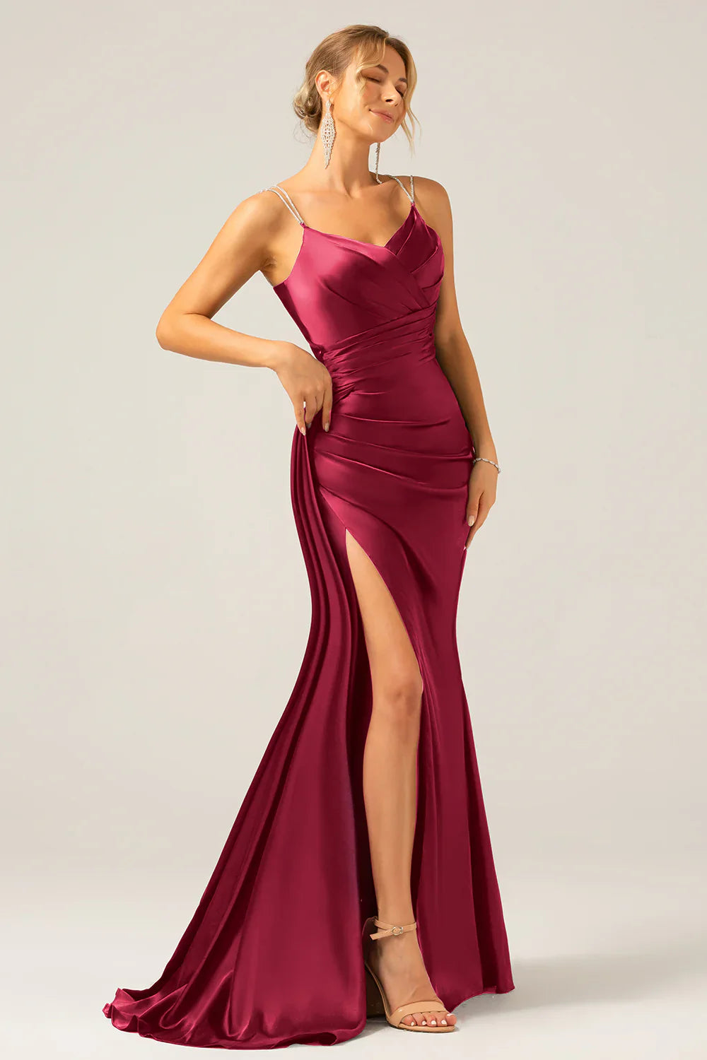 omberprom Burgundy Mermaid Prom Dresses Spaghetti Straps Pleated Sequin Maxi Dress With Slit