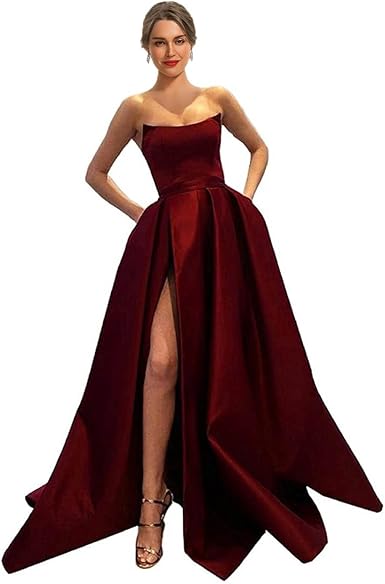 Womens Long Strapless Satin Prom Dress Sleeveless Slit Evening Ball Gown Off Shoulder Party Dress Wholesale