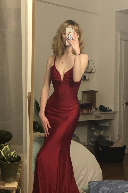 Burgundy Mermaid Prom Dress, Tie Up Back Long Party Gown, AST1033
