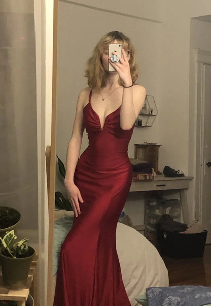 Burgundy Mermaid Satin Bodycon Prom Dress, AST886