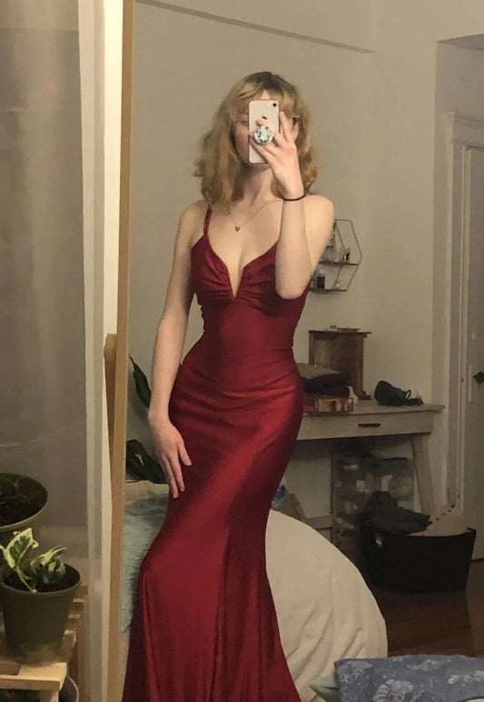 Burgundy Mermaid Satin Bodycon Prom Dress, AST886