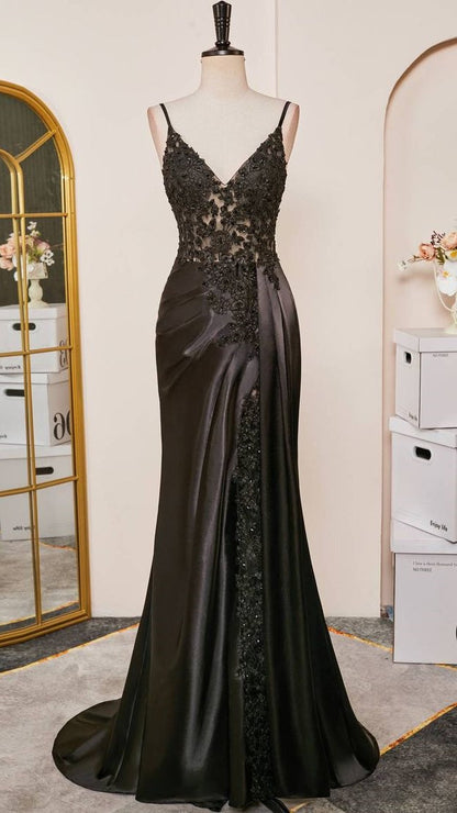 Burgundy Mermaid Appliques Long Prom Dresses Spaghetti Straps Evening Party Dress With Slit,AST2102