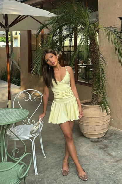 Butter Yellow Ruched Plunging Spaghetti Strap Homecoming Dress
