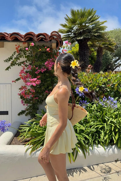 Butter Yellow Ruched Plunging Spaghetti Strap Homecoming Dress