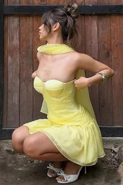 Butter Yellow Strapless Organza Homecoming Dress with Scarf Structured Cups