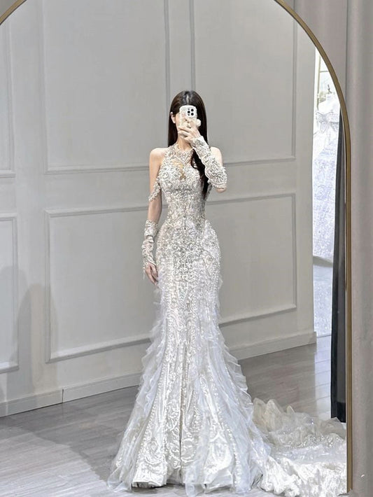 Luxury Mermaid Scoop Neckline Sequin White Long Sleeves Wedding Dresses Brides Gown C1254