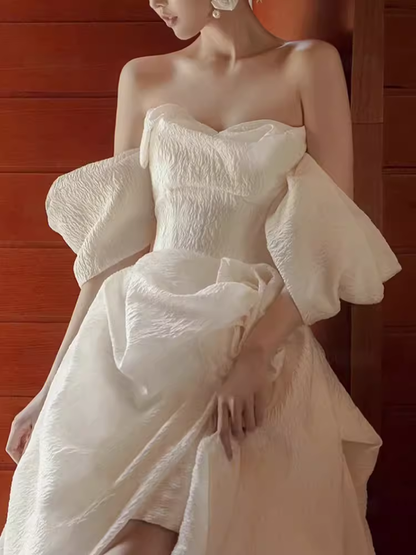 Chic Ball Gown Off The Shoulder White Wedding Dress With Short Sleeves C1461