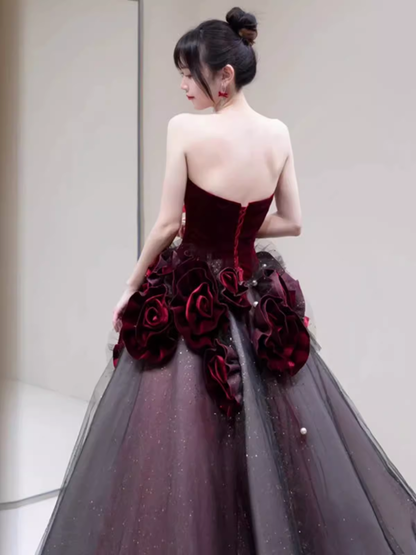 Sexy Ball Gown Strapless Velvet Burgundy Tulle Flowers Long Prom Dresses C1487