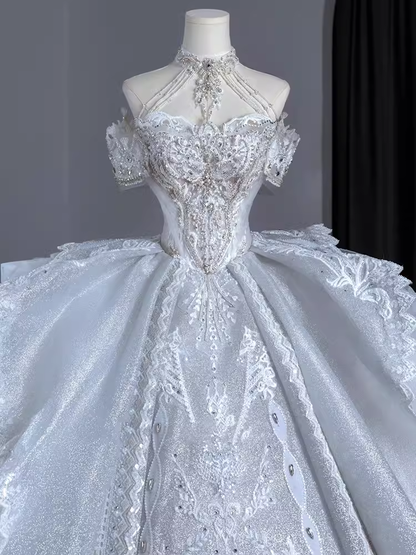 Chic Ball Gown Off The Shoulder Short Sleeves Lace Wedding Dresses C148