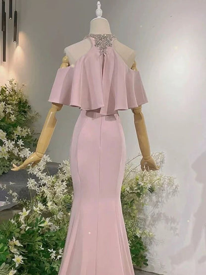 Exotic Pink Mermaid Prom Dresses for Party Events Crystal Neckline