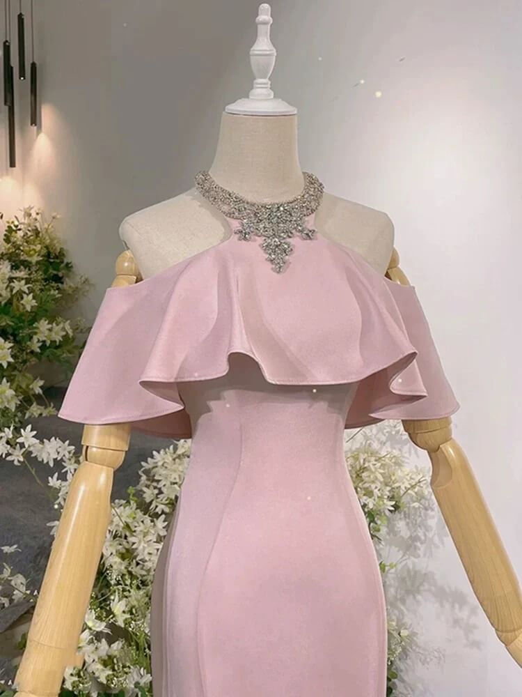 Exotic Pink Mermaid Prom Dresses for Party Events Crystal Neckline