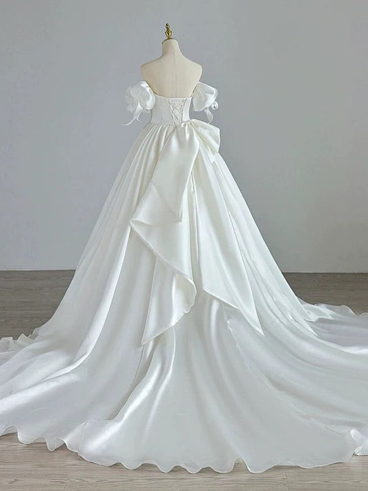 Simple Ball Gown Sweetheart Satin Long White Wedding Dresses With Bow C1788