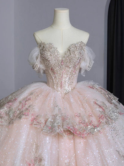 Dreamy Ball Gown Off The Shoulder Pink Lace Long Wedding Dresses With Beads C1790