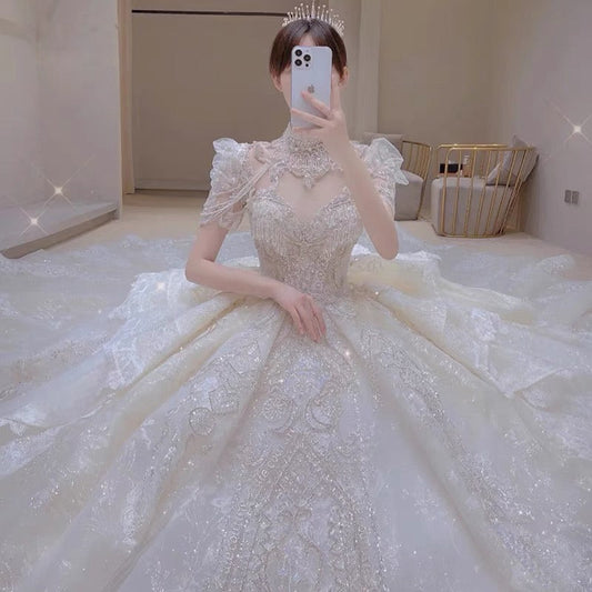 Dreamy Ball Gown Scoop Neckline White Lace Long Wedding Dresses With Beads C1792