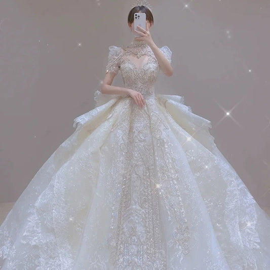 Dreamy Ball Gown Scoop Neckline White Lace Long Wedding Dresses With Beads C1792