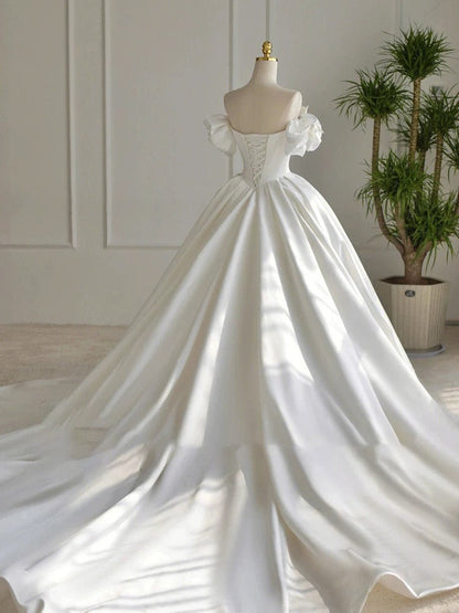 Simple Ball Gown Off The Shoulder White Long Lace Wedding Dresses With Beads C1794