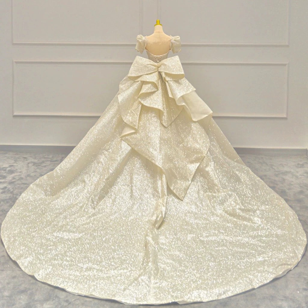 Timeless Ball Gown Sweetheart Long Puffy Sleeves Sequin Wedding Dresses With Bowknot C1800