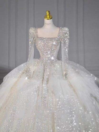 Dreamy Ball Gown Square Neckline Sequin White Long Sleeves Wedding Dresses With Beads C1805
