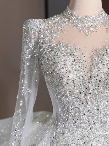 Dreamy Ball Gown High Neckline Sequin White Long Sleeves Wedding Dresses With Beads C1806