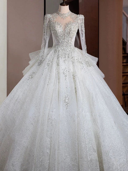 Dreamy Ball Gown High Neckline Sequin White Long Sleeves Wedding Dresses With Beads C1806