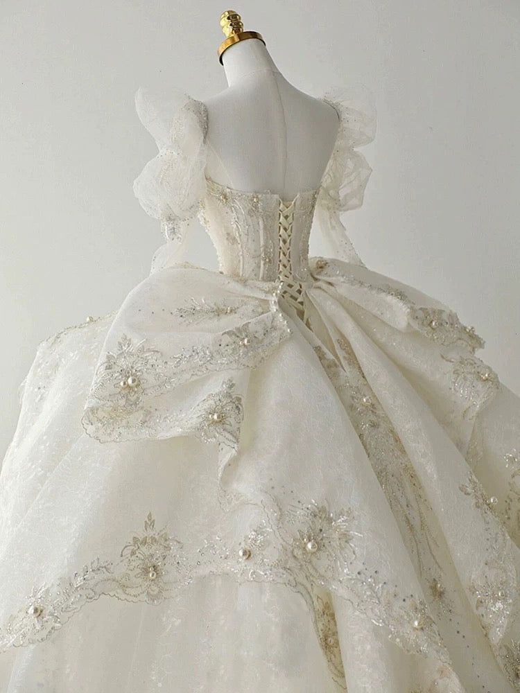 Luxury Ball Gown Sweetheart Sequin White Long Sleeves Wedding Dresses With Beads C1807