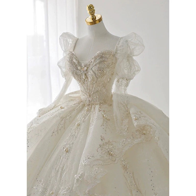 Luxury Ball Gown Sweetheart Sequin White Long Sleeves Wedding Dresses With Beads C1807