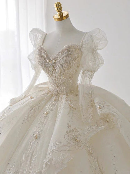 Luxury Ball Gown Sweetheart Sequin White Long Sleeves Wedding Dresses With Beads C1807