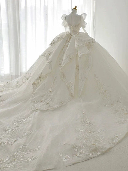 Luxury Ball Gown Sweetheart Sequin White Long Sleeves Wedding Dresses With Beads C1807