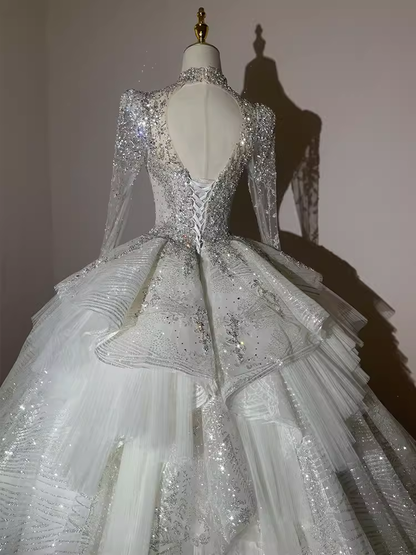 Fairytale Ball Gown High Neckline Tulle Sequin Long Wedding Dresses C195