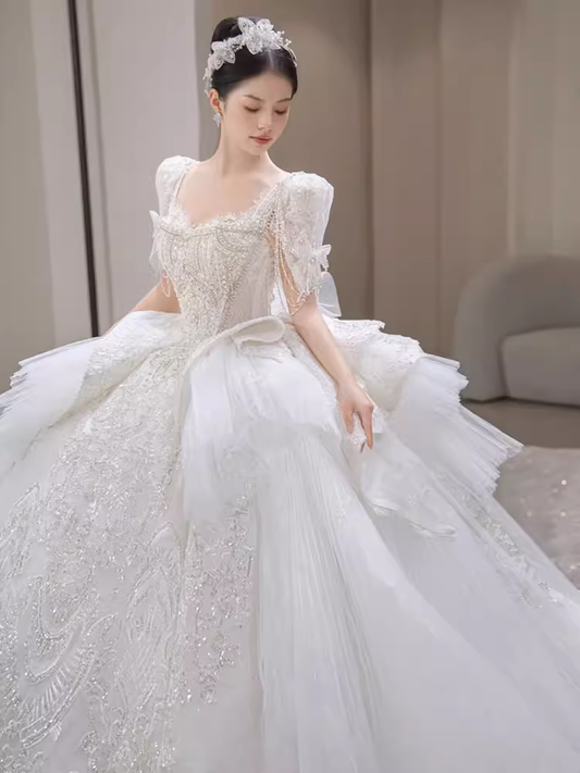 Princess Ball Gown Half Sleeves Lace Wedding Dresses C205