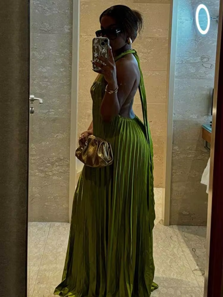 Classy A line Halter Ruffles Floor Length Green Prom Dresses Black Girl Prom Gowns C2542