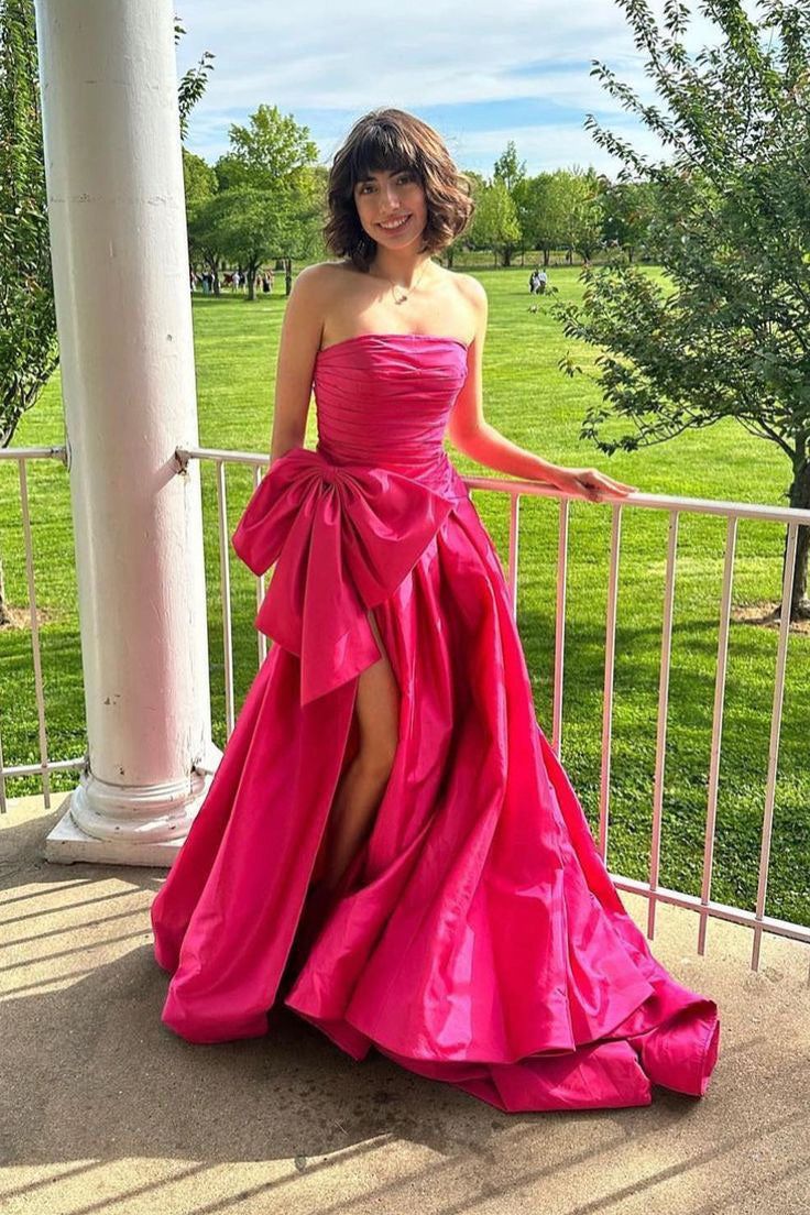 Fancy Hot Pink Strapless Satin Long Prom Dress Tiered Evening Formal Gown With Bowknot C2695