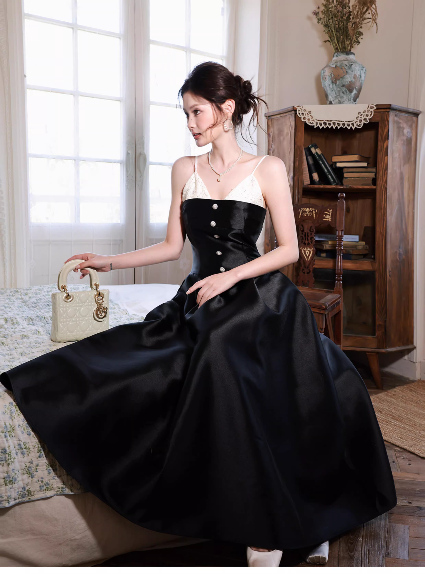 Pretty Spaghetti Straps V Neck Satin A Line Long Evening Dress Black Birthday Dress SP1655