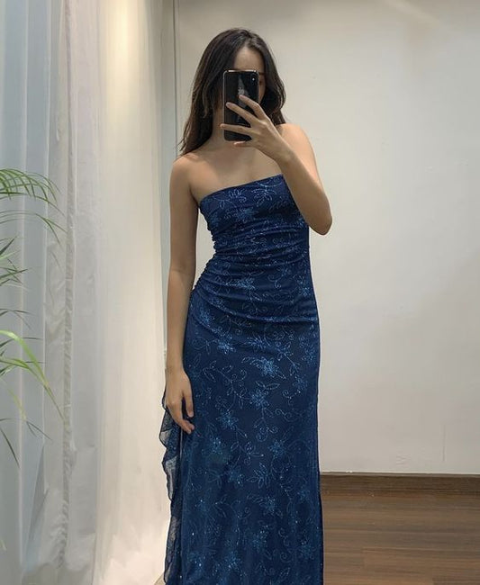 Elegant Sheath Strapless Navy Blue Long Prom Dresses Evening Gowns C3020