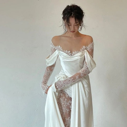 Off Shoulder Lace Wedding Gowns Big Size Custom Made A Line Long Sleeves Ruched Satin High Slit Bridal Dress C304