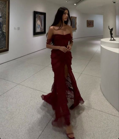 Burgundy Chiffon Slit Formal Evening Gown, Long Party Prom Dress C3160
