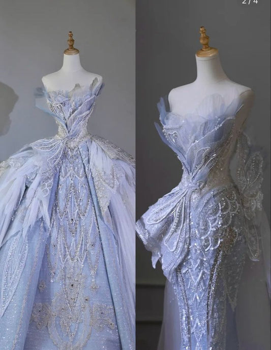 Chic Ball Gown Strapless Blue Sequin Sleeves Long Wedding Dresses With Beads C3462
