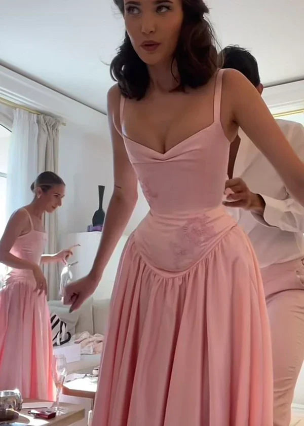 Beautiful Pink Spaghetti Strap Sweetheart A-Line Satin Party Dress Bridesmaid Dress TP4291