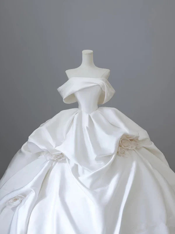 Elegant White Satin Off-the-shoulder Ruffle Ball Gown Design A-Line Wedding Dress TP4104