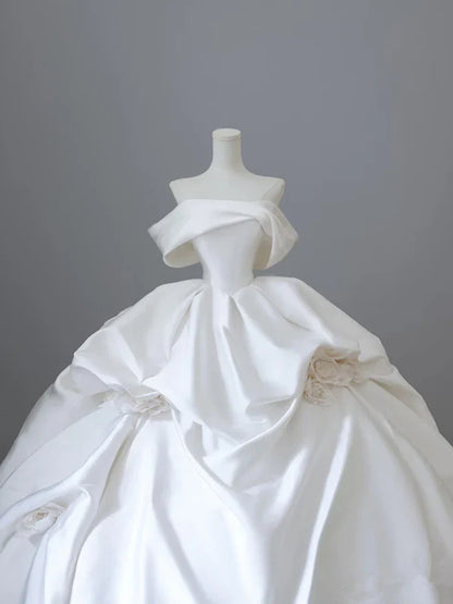 Elegant White Satin Off-the-shoulder Ruffle Ball Gown Design A-Line Wedding Dress TP4104