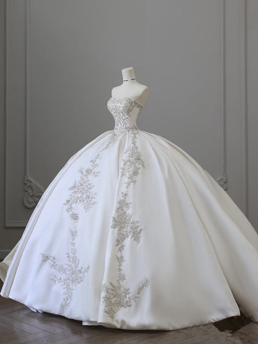 Unique Ball Gown Strapless White Lace Satin Long Wedding Dresses Brides Dress