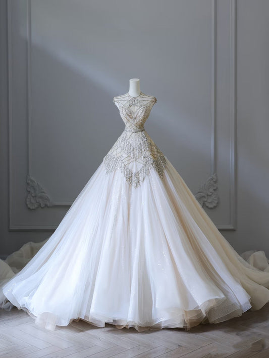 Unique Ball Gown High Neckline Tulle White Long Wedding Dresses Brides Dress