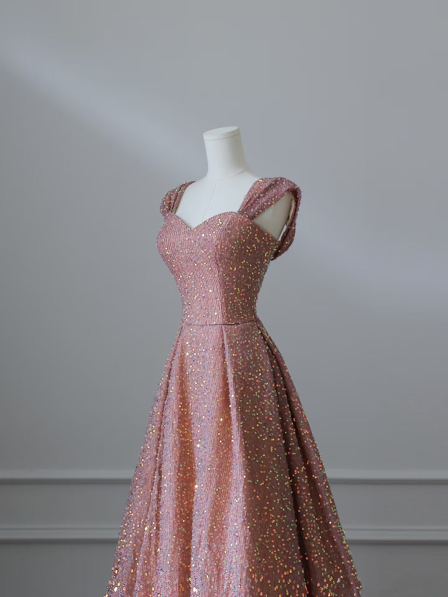 Sexy A line Straps Rose Pink Sequin Long Prom Dresses Evening Gowns