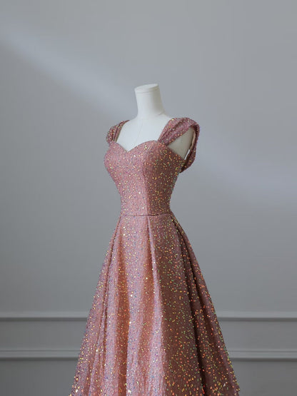 Sexy A line Straps Rose Pink Sequin Long Prom Dresses Evening Gowns