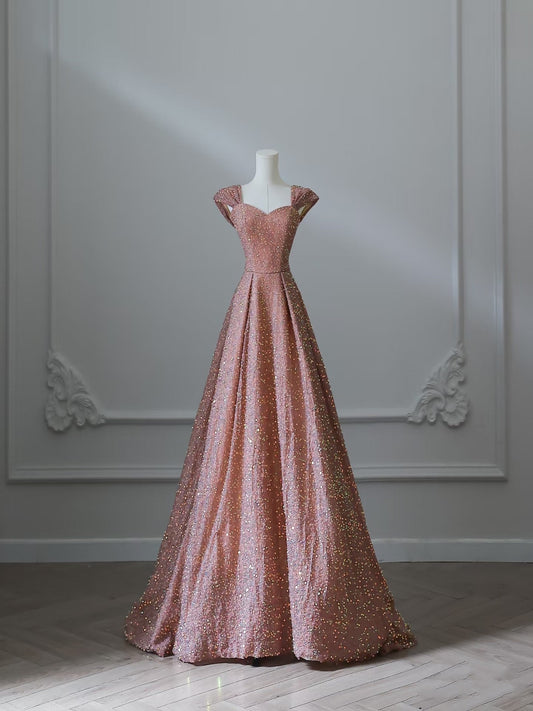 Sexy A line Straps Rose Pink Sequin Long Prom Dresses Evening Gowns