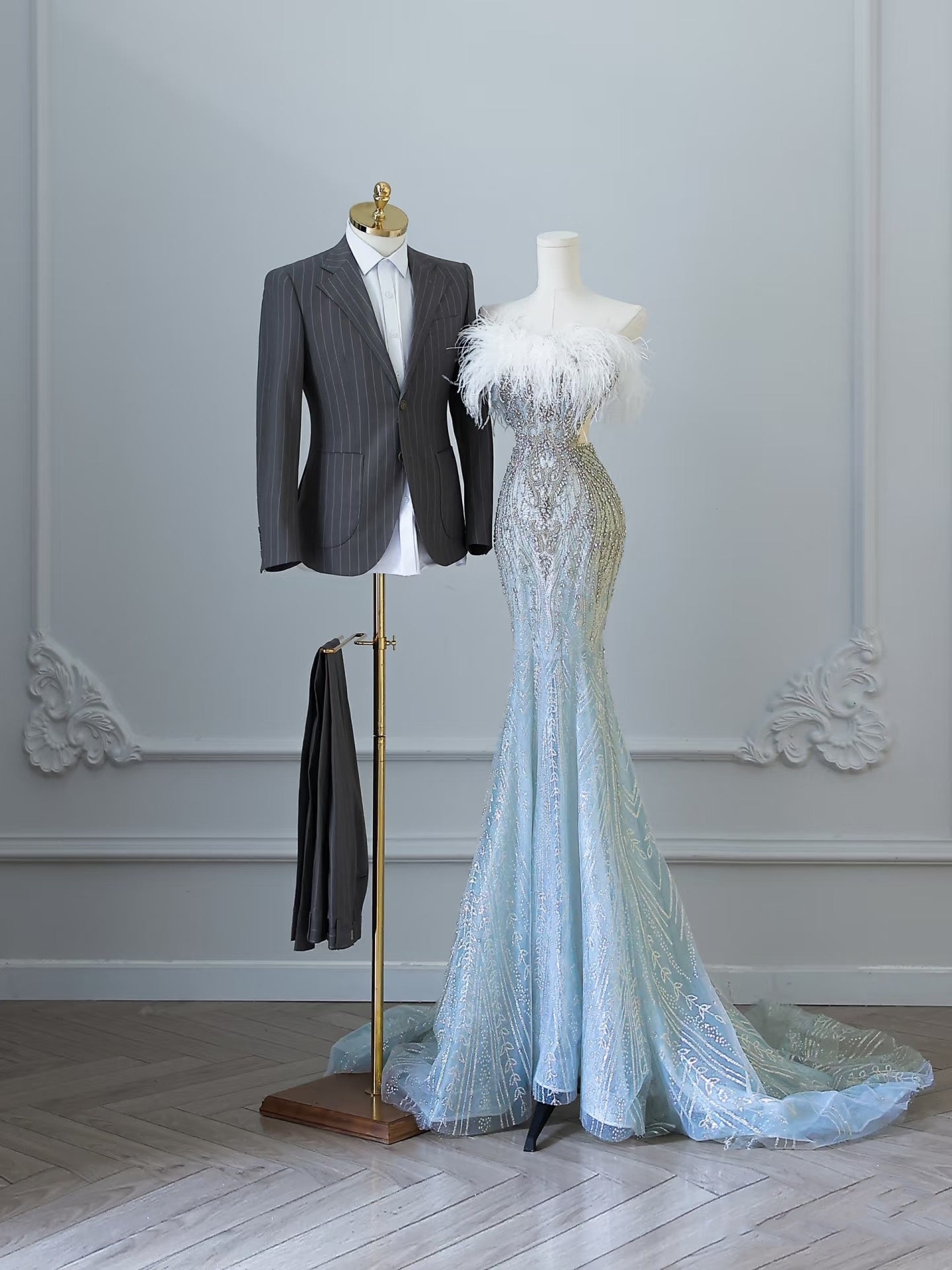Sexy Mermaid Strapless Blue Sequin Long Prom Dresses Evening Gowns