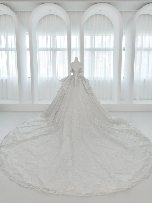 Timeless Ball Gown Off The Shoulder Satin Sequin Beaded Train Long Wedding Dresses C3834