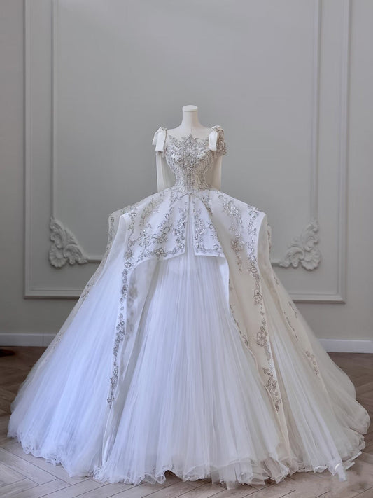 Unique Ball Gown Straps Tulle White Sequin Lace Wedding Dresses Brides Dress