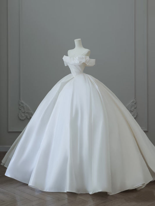 Unique Ball Gown Off The Shoulder Satin White Long Wedding Dresses Brides Dress