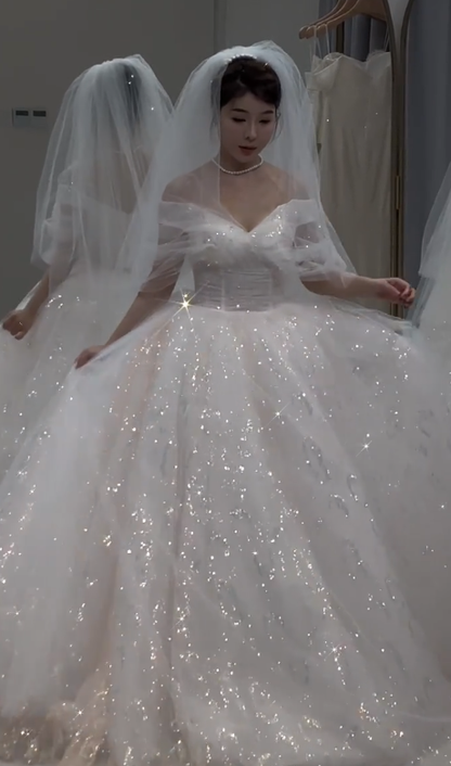 Gorgeous Ball Gown Off The Shoulder White Tulle Sequin With Veil Long Wedding Dresses C3843